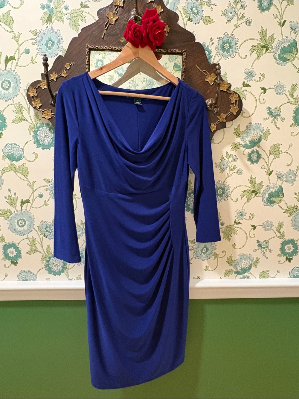 Lauren Ralph Lauren Blue Ruched Dress Size 8 Cowl Neck Cocktail Sheath